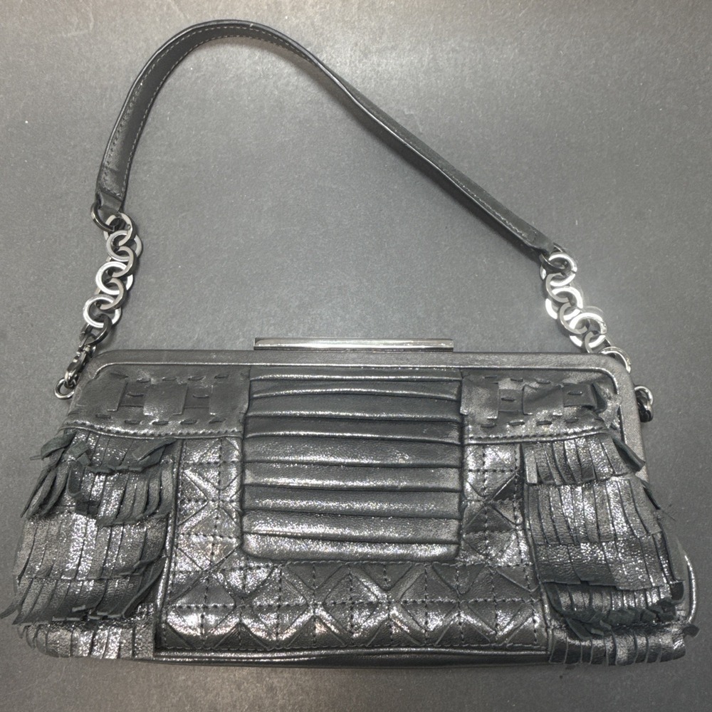 David & Scotti Metallic Gray Shoulder Fringe Metal Handle Handbag Purse w Mirror